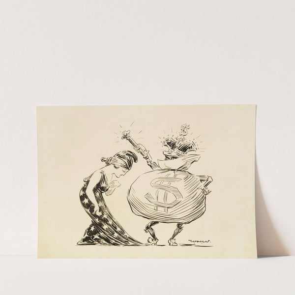 Columbia (United States) bows down before a man depicted as a bag of money with a crown (1910) by William Henry Walker