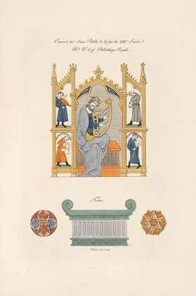 Concert tirÃ© d’une Bible de la fin du XIIIe. siÃ¨cle. MS. No. 67025 bibliothÃªque royale; trÃ´ne.