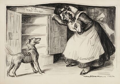 Congress, depicted as Old Mother Hubbard, opens her cupboard (the U.S. Treasury) to get food for her dog but finds it is empty (1922)
