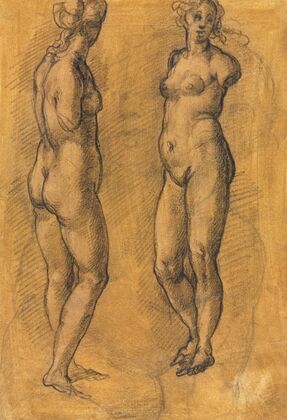 Copy of an Antique Statue of a Standing Woman (two views), over a Sketch of a Putto