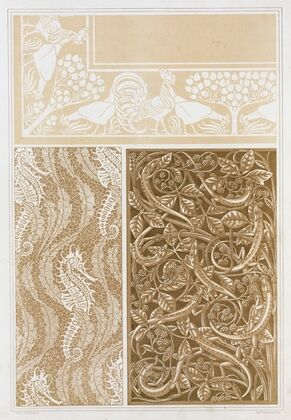 Coqs et poules, damassé; hippocampes et algues, dentelle; lézards et ronces, grille en bronze