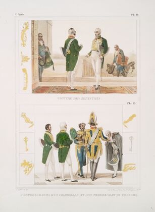 Costume des ministres; L’Empereur suivi d’un chambellan et d’un premier valet de chambre