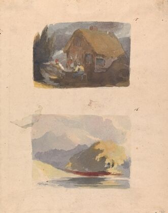 Cottage with Figures in Front (no. 15); Landscape with River and Mountains – Sunshine (no. 16)