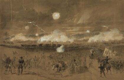 Couch’s Corps forming line of battle in the fields at Chancellorsville to cover the retreat of the Eleventh Corps disgracefully running away