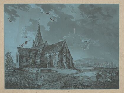 Country church with figures, one holding a shovel, at night