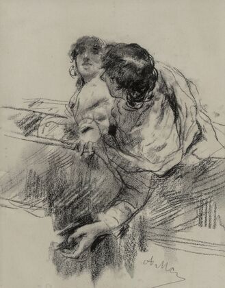Couple in a boat, man leaning over edge