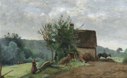 Cour de ferme avec un cavalier et une petite fille au premier plan