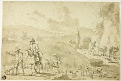Cows, Sheep, Goats Being Herded, Herdsman Giving Directions to Traveler on Horseback