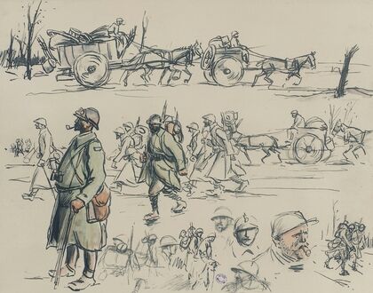 Croquis de soldats et d’attelages sur trois registres