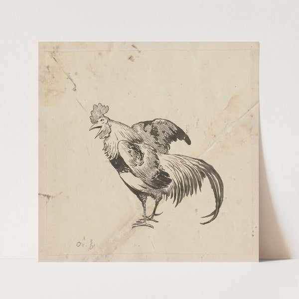 Crowing rooster with outspread wings by Hans Thoma