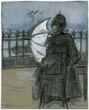 Dame met parasol zit op de pier in Scheveningen