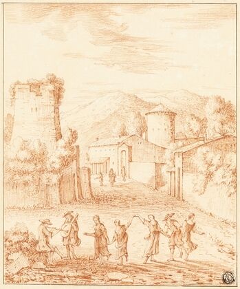 Dancers and Musicians Before Village with Ruined Tower