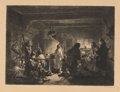 Religious gathering in rustic church
