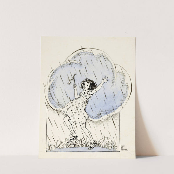 Dansend meisje onder een regenwolk by Miep de Feijter