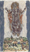 Dansende vrouwenfiguur boven een landschap