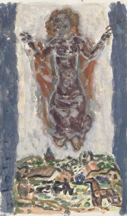 Dansende vrouwenfiguur boven een landschap