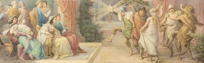 Das Herrscherpaar Theseus und Hippolyta, die Brautpaare Demetrius und Helena sowie Lysander und Hermia verfolgen das von den Handwerkern dargebotene Schauspiel