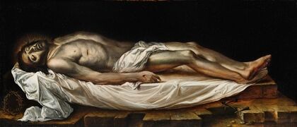 Dead Christ laid on a white cloth with the Crown of Thorns and nails