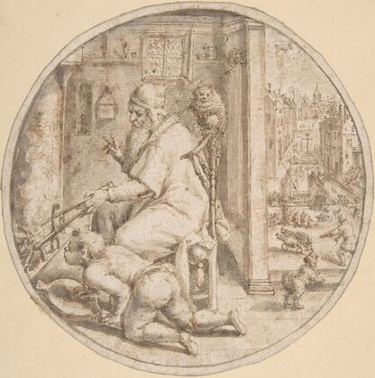 December; And Old Man Seated by a Hearth with a Young Man Blowing on the Fire (late 16th–mid 17th century)