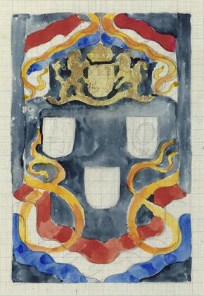 Decoratief ontwerp met het rijkswapen, vlaggen en vaandels