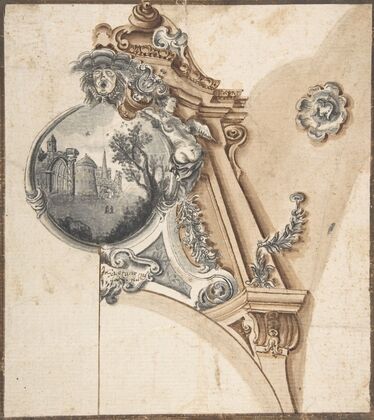 Decoration over an Arch with a Landscape Scene in a Round Compartment