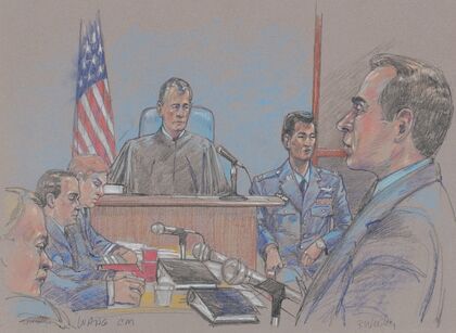 Defendant James Wang, judge, lawyer and others during Wang’s court-martial on charges of friendly-fire in Iraq