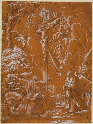 Der gekreuzigte Christus, Gottvater und der Heilige Geist in einer Landschaft mit Assistenzfiguren (1539)