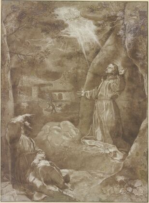 Der Heilige Franziskus empfängt im Beisein Bruder Leos von Assisi die Wundmale