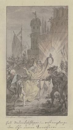 Der Marquis Ferdinand Mazzini ersticht Graf Hippolitus de Vereza, den Geliebten seiner Tochter Julie, im Hintergrund Julie und ihr Bruder Ferdinand