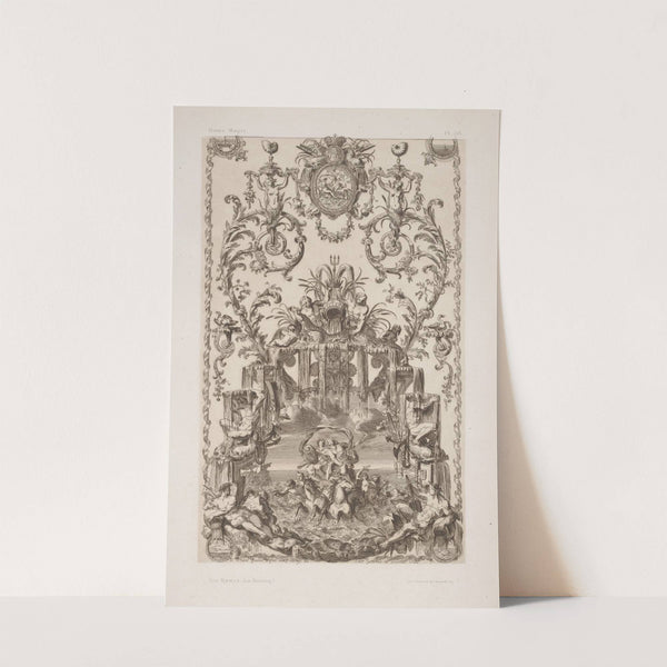 Design featuring allegorical figures representing water, including sea gods pulled in a water chariot by sea horses. by André-Charles Boulle