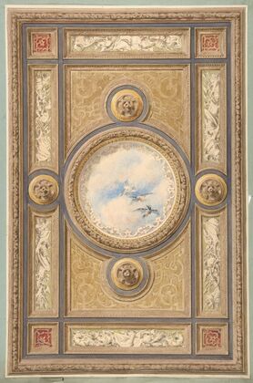 Design for a carved and painted ceiling with clouds and ducks in the central circular panel