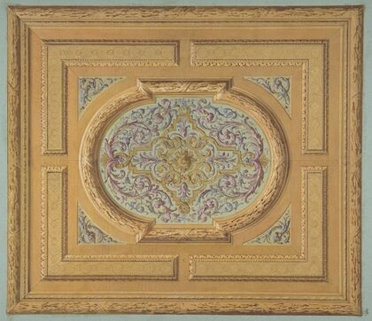 Design for a ceiling decorated with bands of oak leaves and a central panel of scrolls and rinceaux