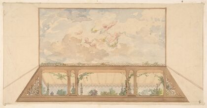 Design for a ceiling painted with a trompe l’oeil awning and putti in clouds (19th Century)