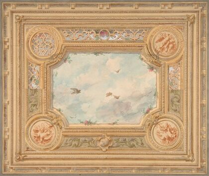Design for a ceiling with four medallions and sky motif in center