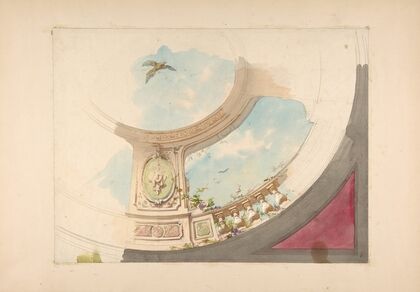 Design for a ceiling with trompe l’oeil balustrade and sky