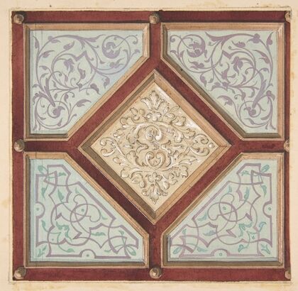 Design for a coffered ceiling with alternative decorative patterns (1840–97)