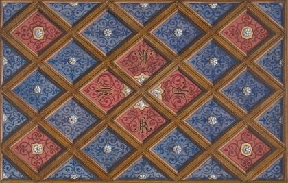 Design for a coffered ceiling with painted initials; SRI