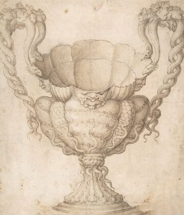 Design for a Decorated Drinking Cup with Floriated Heads around Large Mouth, Intertwined Serpents as Handles