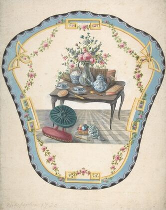 Design for a Firescreen with a Table with a Vase of Flowers, Books, and Teapot