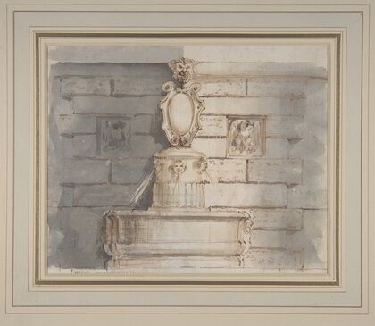 Design for a Fountain at a Street Corner Decorated with Putti Heads, a Coat of Arm and a Gargoyle Head on the Top