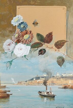 Design for a menu card with a view of Nizhny Novgorod on the River Volga