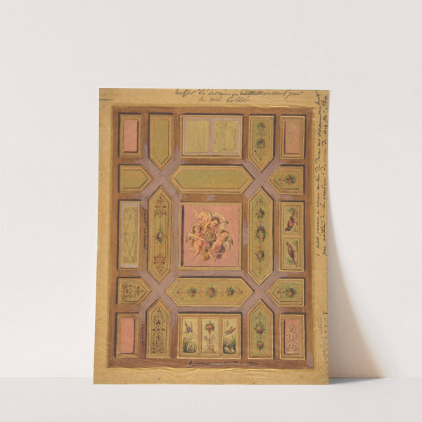 Design for a paneled ceiling painted with putti, birds, and floral motifs on tracing paper; mounted on wove paper by Jules-Edmond-Charles Lachaise