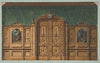 Design for a room with wood panels inset with paintings and a heavily-carved double door