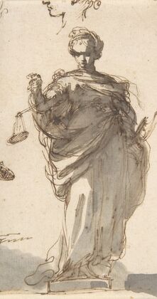 Design for a Statue of Justice with Sketches at Left and Above