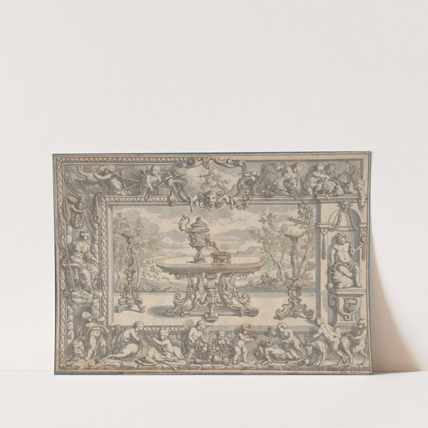 Design for an Ewer, table and candelabra within an ornamental frame by Abraham Drentwett the Elder