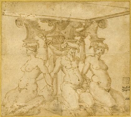 Design for an Ornamental Base with Kneeling Satyresses and Satyr — size preview