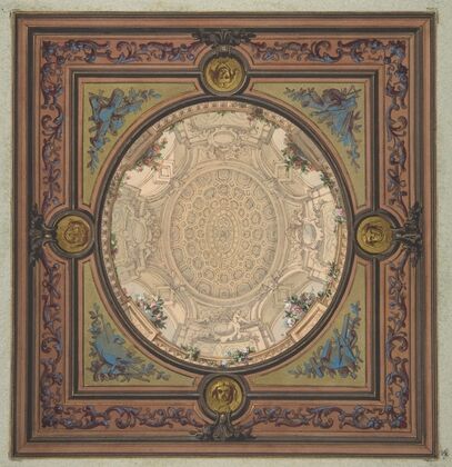 Design for the decoration of a ceiling with a trompe l’oeil painting of a coffered dome (1830–97)