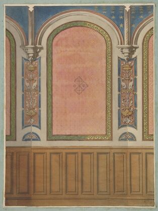 Design for the decoration of wall with wood panels and arched bays