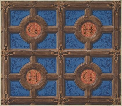 Design for the painted decoration of a coffered ceiling incorporating initials (G and H) for a house on the rue de Clichy