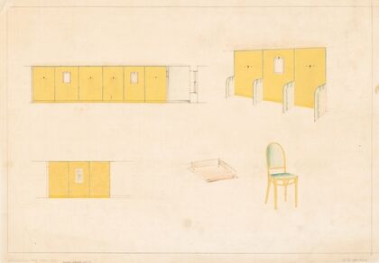 Design for unidentified caf ̌with green and yellow trim.] [Design with tulip stencils, upholstered bentwood chair in green and yellow color scheme